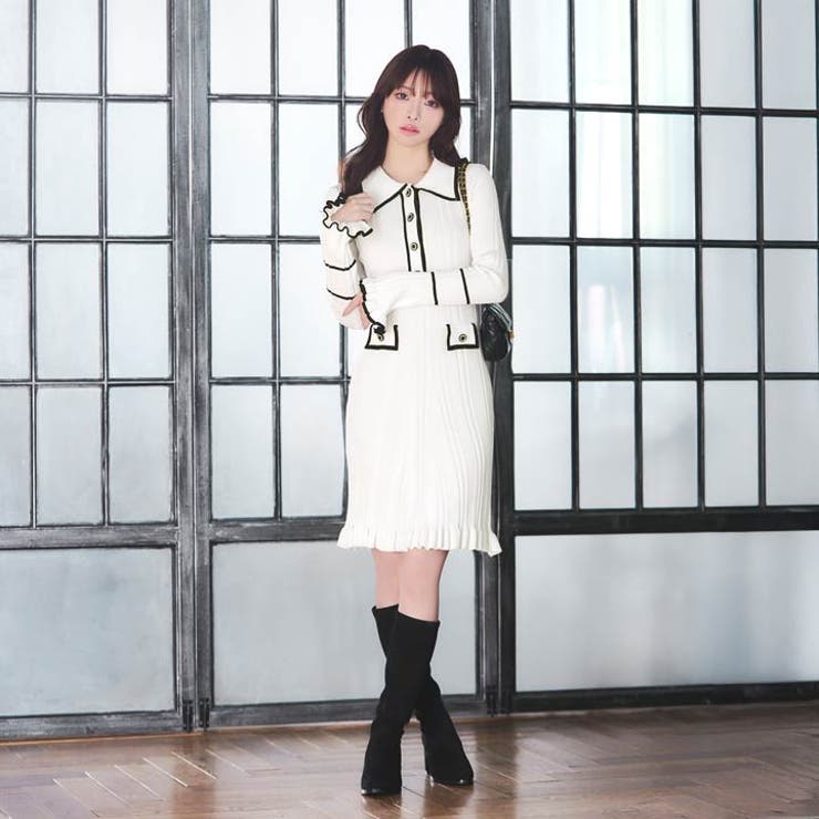 美ラインを惹き立てる襟付きパイピングフリルリブニットワンピース[カジュアル da… | Dazzy | 詳細画像17 