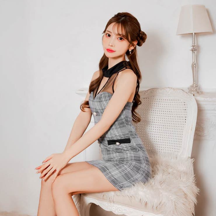 [谷間魅せ]大胆ホール×チェック柄シアーアメスリのタイトミニ丈キャバドレス[SM… | Dazzy | 詳細画像13 