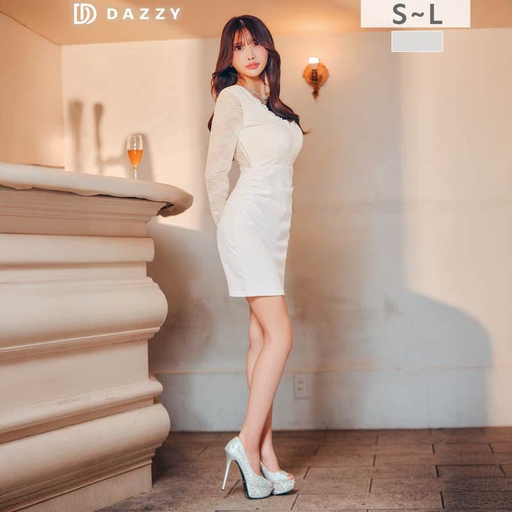 Vカットシアーレース切り替え長袖タイトミニ丈キャバドレス[SML 3サイズ展開] | Dazzy | 詳細画像12 