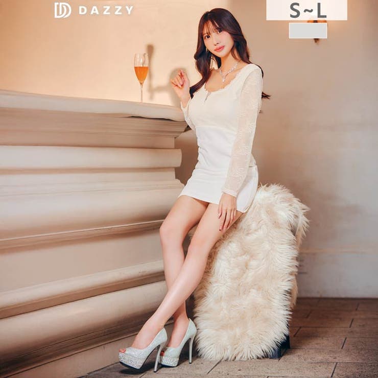 Vカットシアーレース切り替え長袖タイトミニ丈キャバドレス[SML 3サイズ展開] | Dazzy | 詳細画像2 