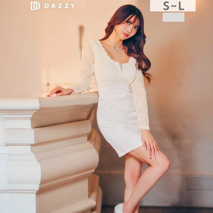 Vカットシアーレース切り替え長袖タイトミニ丈キャバドレス[SML 3サイズ展開] | Dazzy | 詳細画像6 