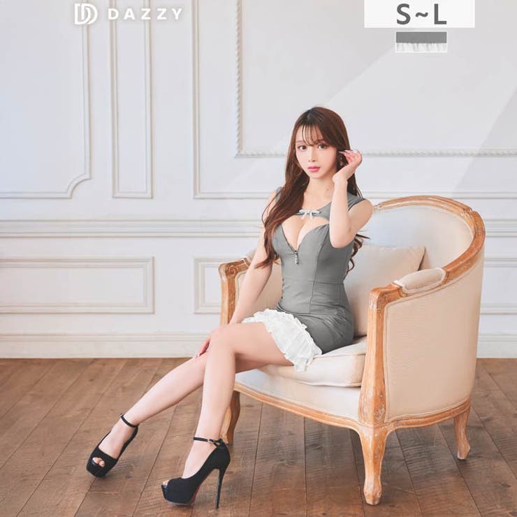 谷間ホール×ジップビジューリボンフリルタイトミニ丈キャバドレス[SML 3サイズ… | Dazzy | 詳細画像13 
