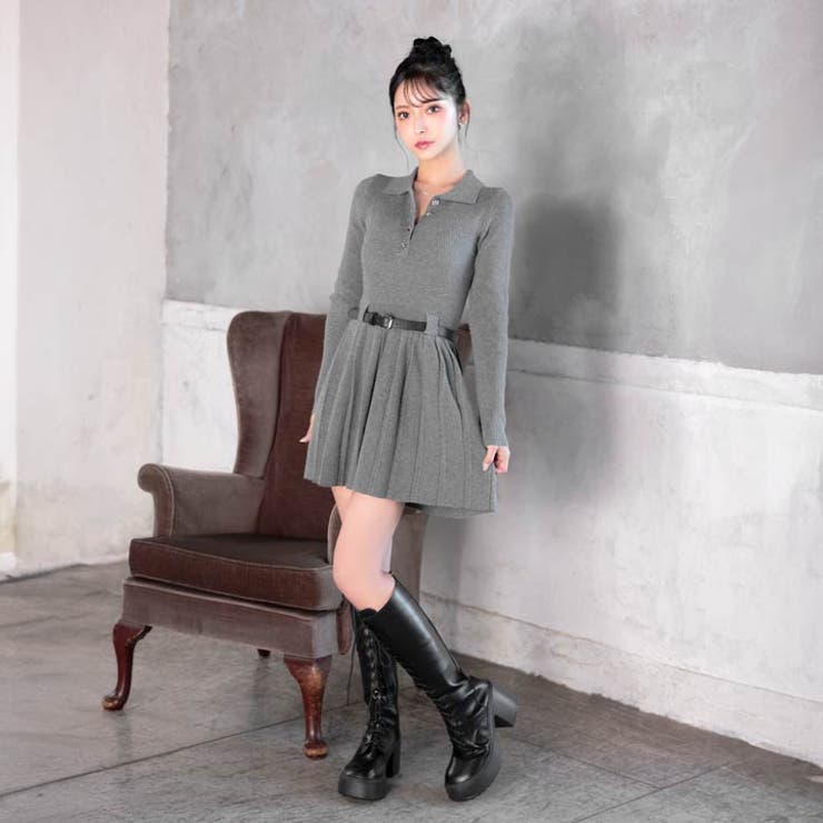 ポロ襟ベルト付き長袖プリーツニットワンピース[カジュアル dazzy close… | Dazzy | 詳細画像12 