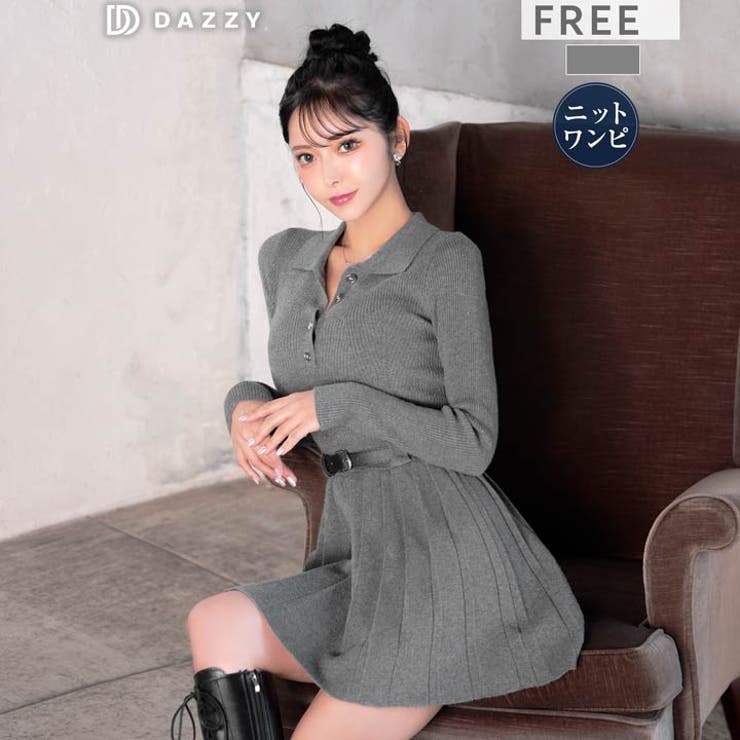 ポロ襟ベルト付き長袖プリーツニットワンピース[カジュアル dazzy close… | Dazzy | 詳細画像2 