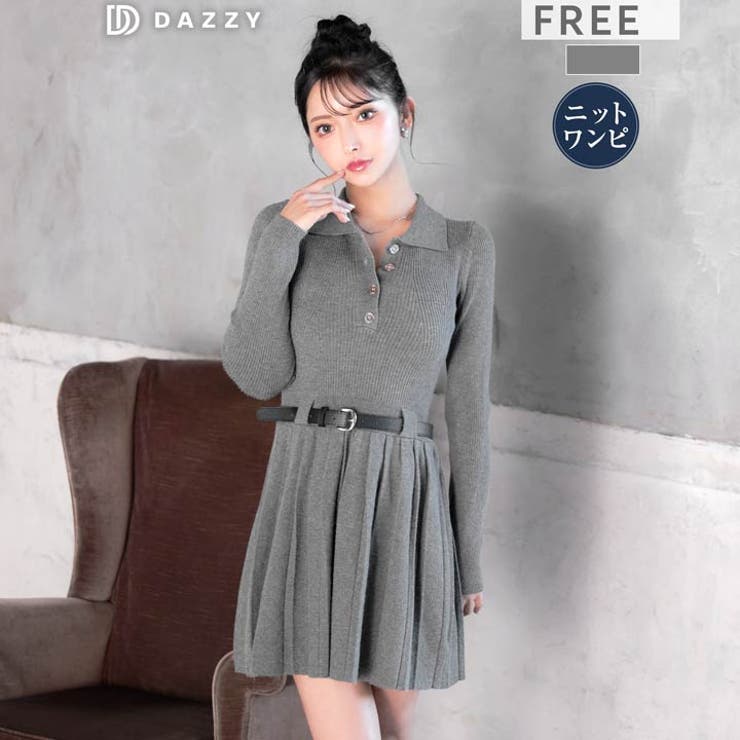 ポロ襟ベルト付き長袖プリーツニットワンピース[カジュアル dazzy close… | Dazzy | 詳細画像5 