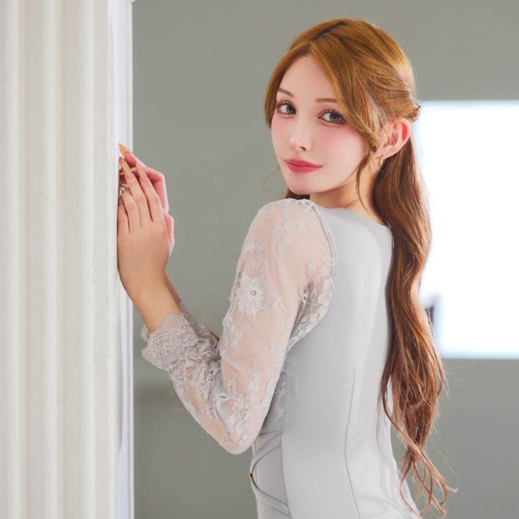二の腕隠しレース長袖×脚長効果♪カシュクール切り替えのタイトミニ丈キャバドレス[… | Dazzy | 詳細画像8 