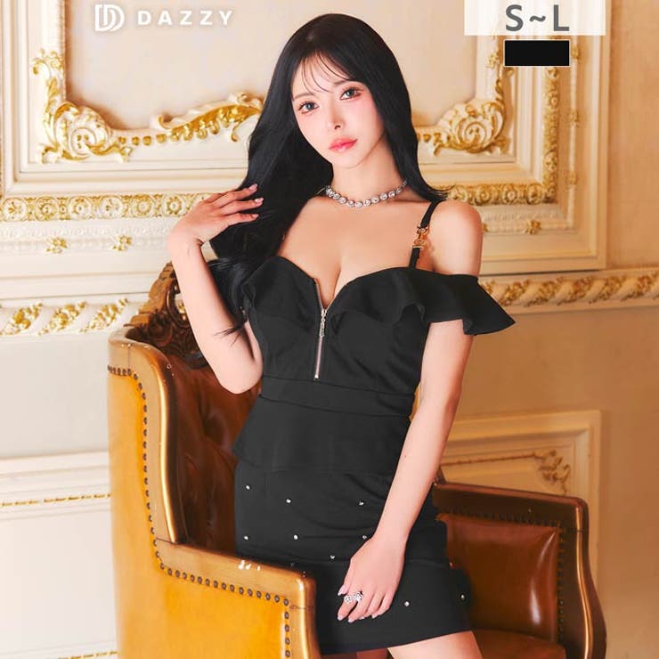 フロントジップフリルペプラムラインストーンタイトミニ丈キャバドレス[SML 3サ… | Dazzy | 詳細画像2 