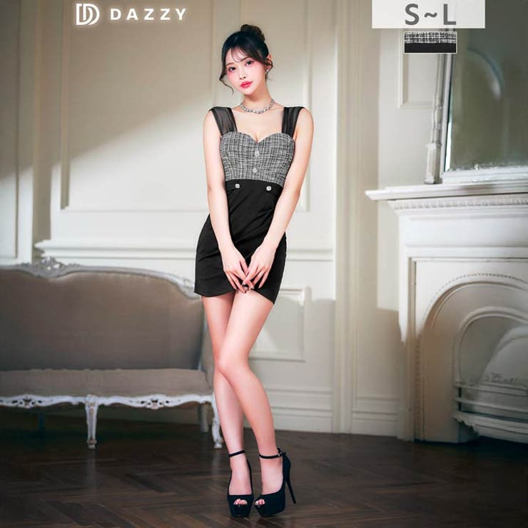 谷間魅せ×脚長効果♪ビジューボタンが煌めくシアーノースリーブタイトミニ丈キャバド… | Dazzy | 詳細画像1 