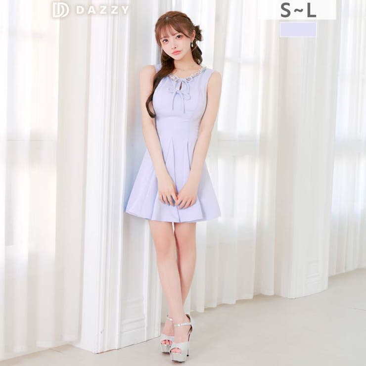 ノースリーブネックビジューダブルリボンAラインミニ丈キャバドレス[SML 3サイ… | Dazzy | 詳細画像1 