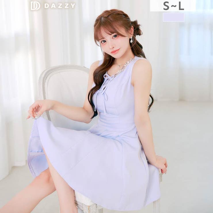 ノースリーブネックビジューダブルリボンAラインミニ丈キャバドレス[SML 3サイ… | Dazzy | 詳細画像10 