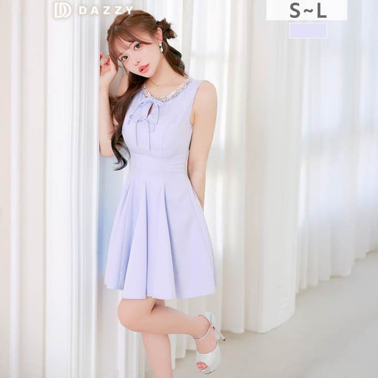 ノースリーブネックビジューダブルリボンAラインミニ丈キャバドレス[SML 3サイ… | Dazzy | 詳細画像8 