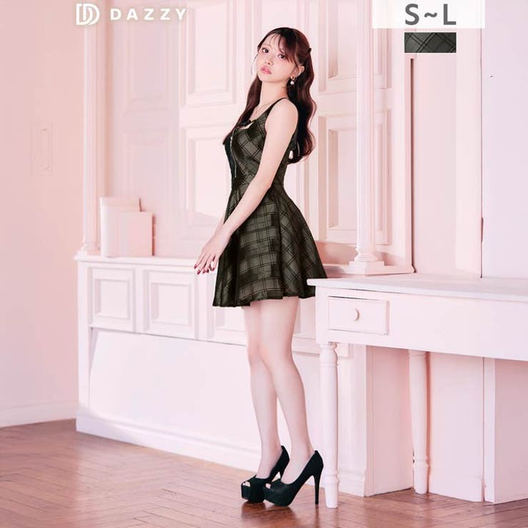 dazzy ビジューチェーンAラインミニ丈キャバドレス シアーチェックリボンコードAラインミニ丈キャバドレス[SML/3サイズ