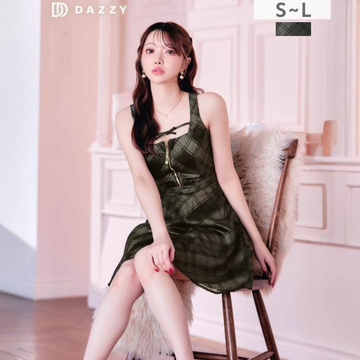 シアーチェックリボンコードAラインミニ丈キャバドレス[SML/3サイズ