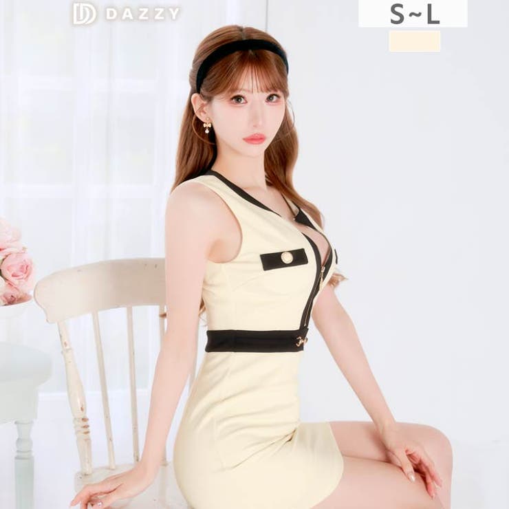 ノースリーブバイカラー谷間ジップベルトモチーフタイトミニ丈キャバドレス[SML … | Dazzy | 詳細画像7 
