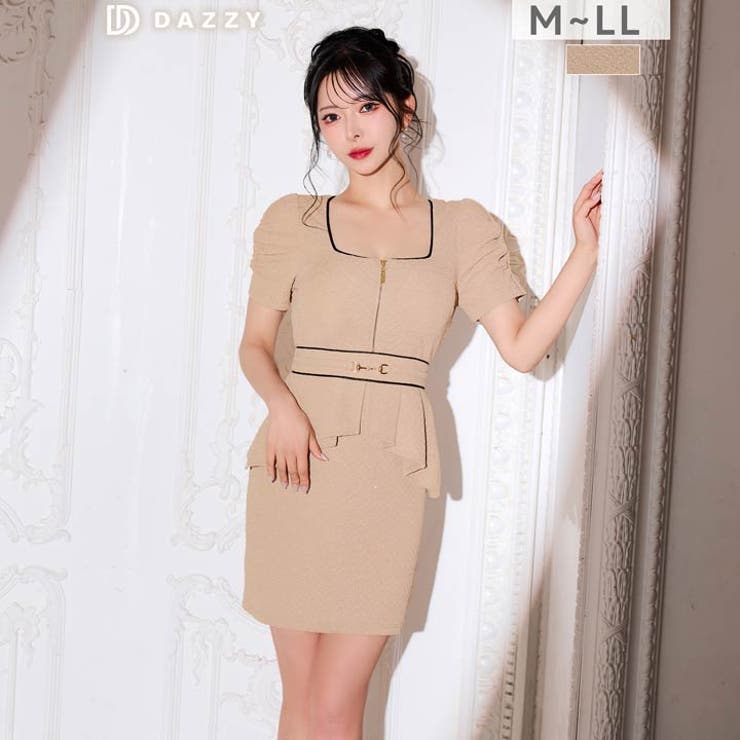 ワッフルラメ谷間ジップベルトモチーフペプラムタイトミニ丈キャバドレス[M~LL … | Dazzy | 詳細画像9 