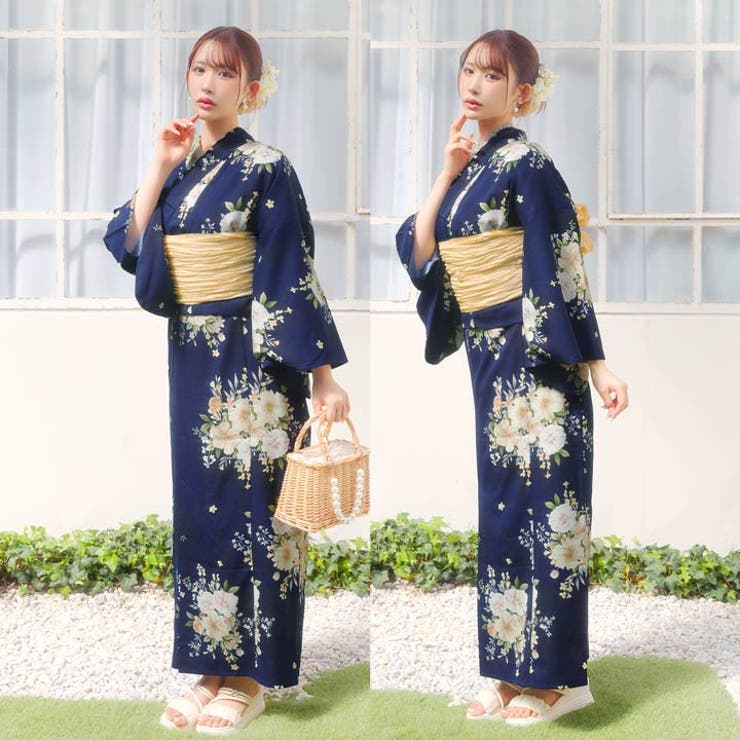 [3点SET][2way] 紺色淡黄花柄浴衣【2026年新作 YUKATA | Dazzy | 詳細画像6 