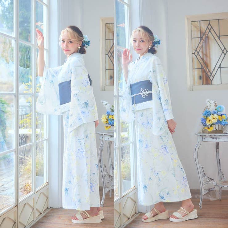 3点SET][2way] 薄青色百合×小花柄浴衣【2026年新作 YUKATA[品番