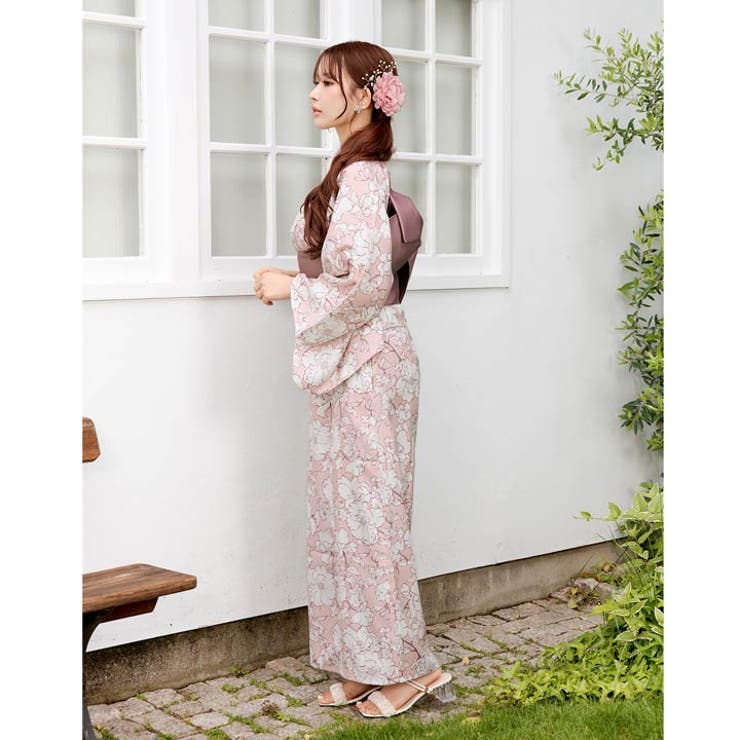 3点SET][2way] 甘桃色線画花柄浴衣【2026年新作 YUKATA[品番