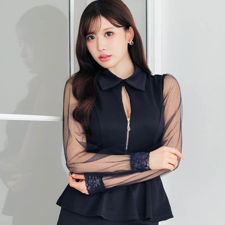 [伊藤桃々着用]あざとセクシー谷間ジップ×上品チュール袖♪お腹すっきりペプラムタ… | Dazzy | 詳細画像6 