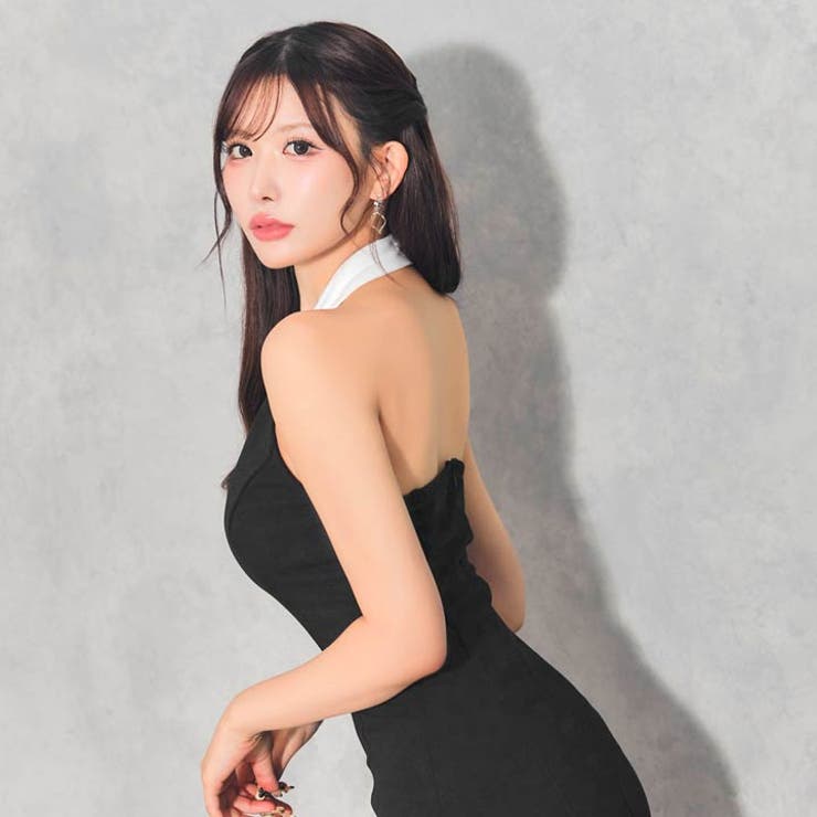 [伊藤桃々着用]胸元カット×細見えAライン♪破格ホルターミニ丈キャバドレス[SM… | Dazzy | 詳細画像2 