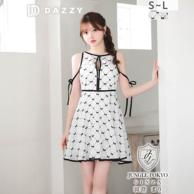 バイカラーリボン柄×谷間ジップ♪透け感シアーとふんわりフレアが魅せる上品Aライン… | Dazzy | 詳細画像1 