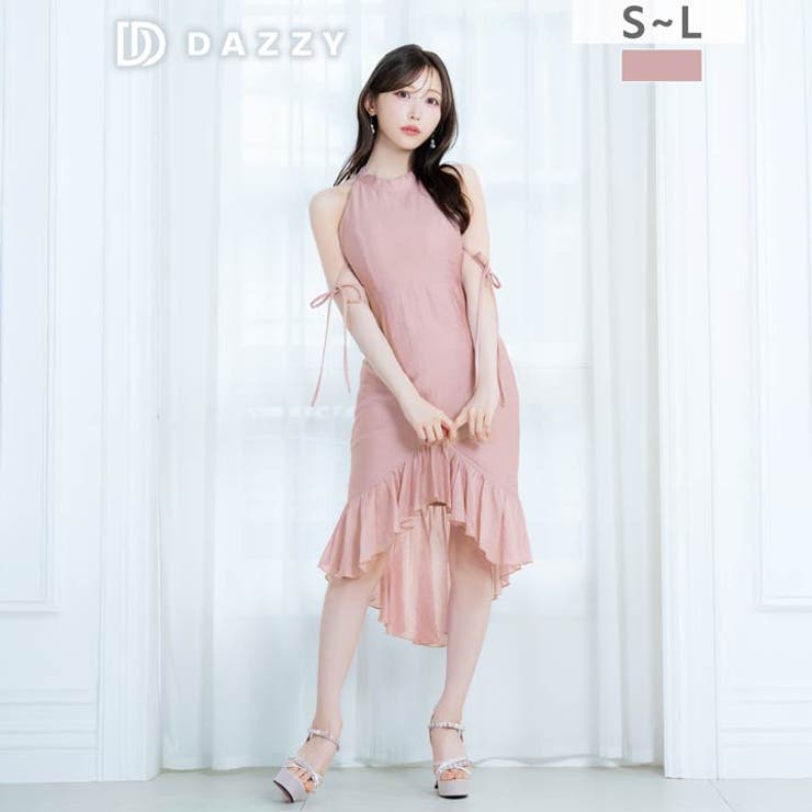 シフォン＆ビジューが今っぽい♪大人ピンクの上品膝丈フリルマーメイドドレス[SML… | Dazzy | 詳細画像1 