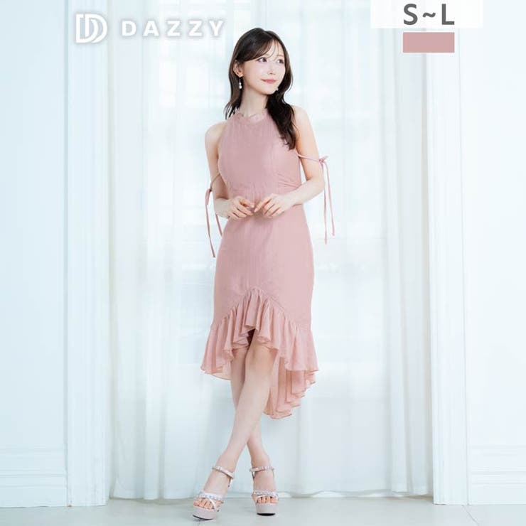 シフォン＆ビジューが今っぽい♪大人ピンクの上品膝丈フリルマーメイドドレス[SML… | Dazzy | 詳細画像6 