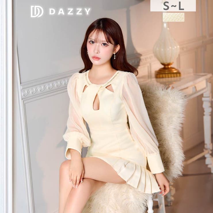 [伊藤桃々着用]ビジューカットアウトシフォン長袖プリーツAラインミニ丈キャバドレ… | Dazzy | 詳細画像3 