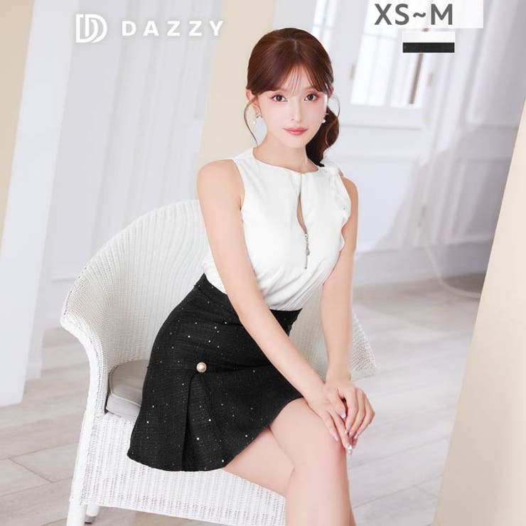 リボンショルダー×フロントジップ♪パールボタン輝く韓国風Aラインミニ丈キャバドレ… | Dazzy | 詳細画像3 
