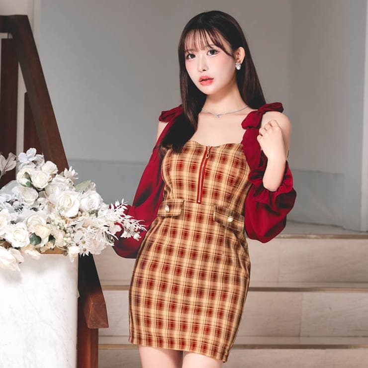 [伊藤桃々着用]胸元ジップ×シフォン長袖♪あざとく視線奪うリボンオフショルチェッ… | Dazzy | 詳細画像3 