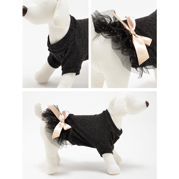 犬服 リボン付ニットチュールフリルワンピースドッグウェア