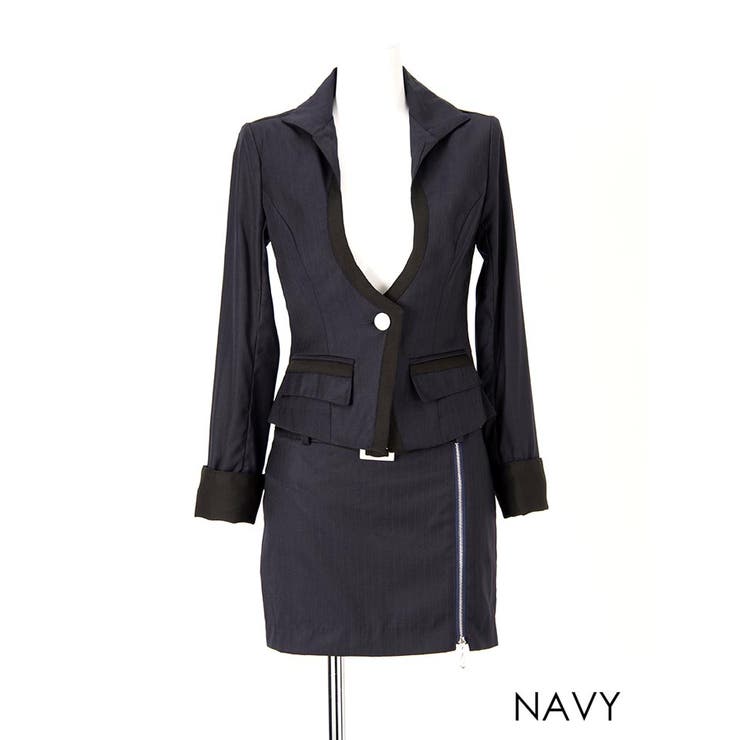 ピンストライプ柄ファスナースリットタイトミニスーツ[品番