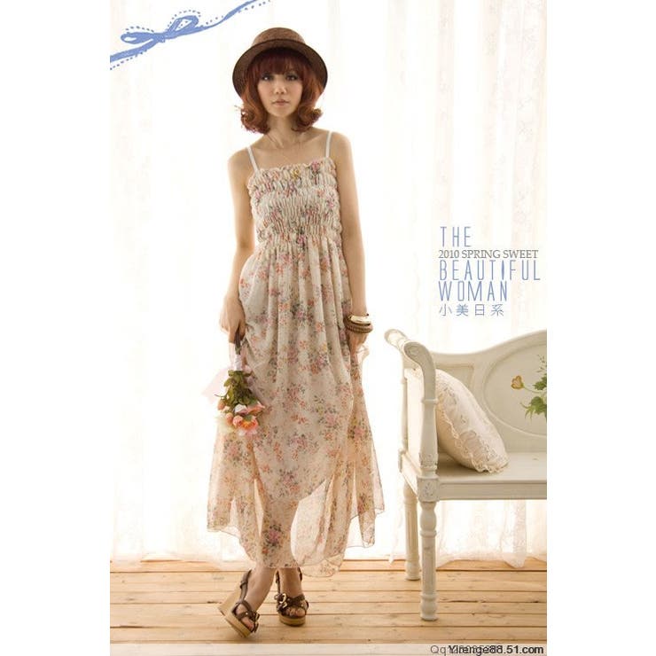 【 】花柄シフォンミディ丈ワンピース ☆新作☆女性らしさ溢れる♪花柄マキシ丈シフォンワンピース