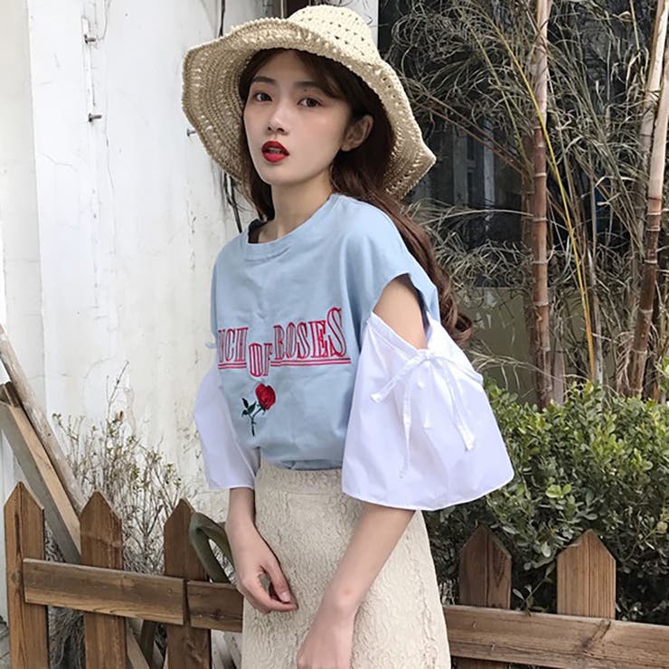 新品 ハートビジューカットソー トレンドファッション♪フロント刺繍切替カットソー 2017春夏