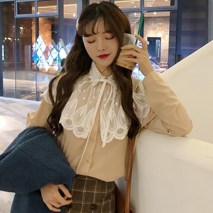 韓国ファッション レース 半袖 開襟 シャツ トレンド ☆トレンドファッション♪レースデザインシャツ☆春夏新作 韓国