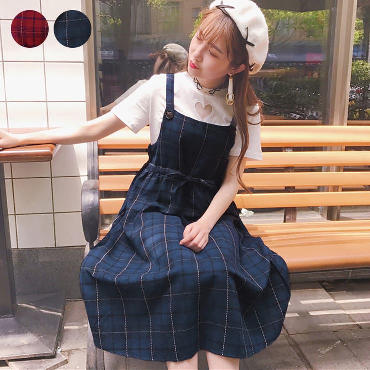 ダブルハート チェック柄サロペット