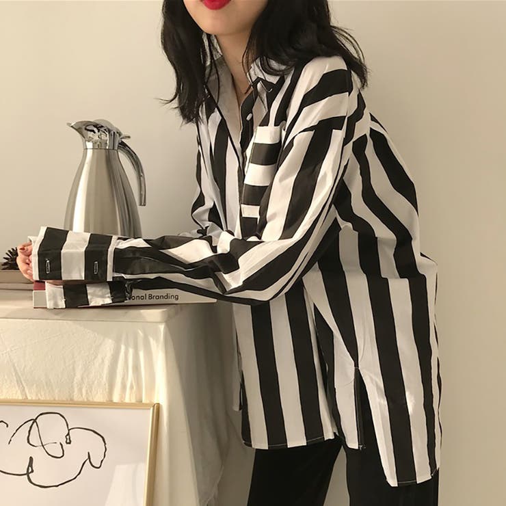 トレンドファッション♪スリット入りストライプ柄シャツ 春夏新作 韓国ファッション | DearHeart | 詳細画像2 