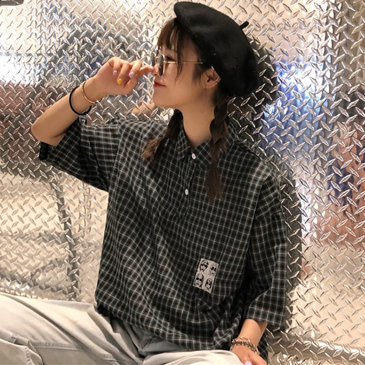 刺繍デザインチェック柄シャツ 春夏新作 韓国ファッション[品番