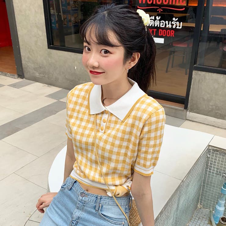 ☆トレンドファッション♪チェック柄ニットポロシャツ☆春夏新作