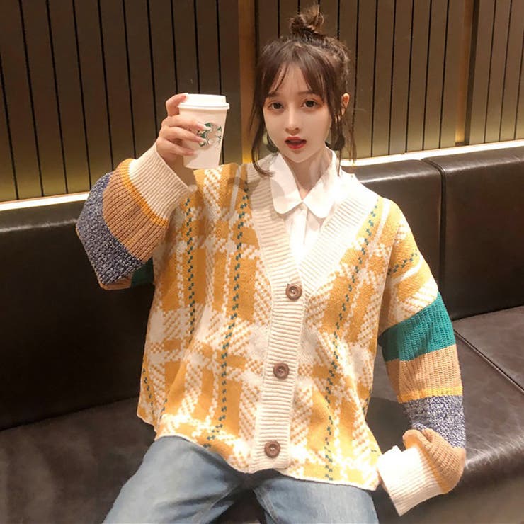 チェック柄配色ニットカーディガン 秋冬新作 韓国ファッション