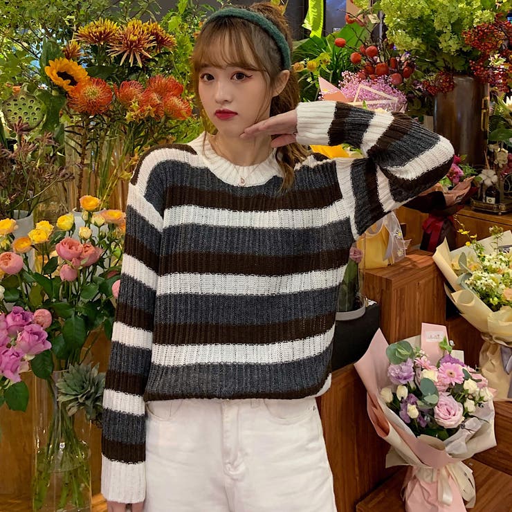 ボーダー柄長袖薄手ニットセーター 秋冬新作 韓国ファッション