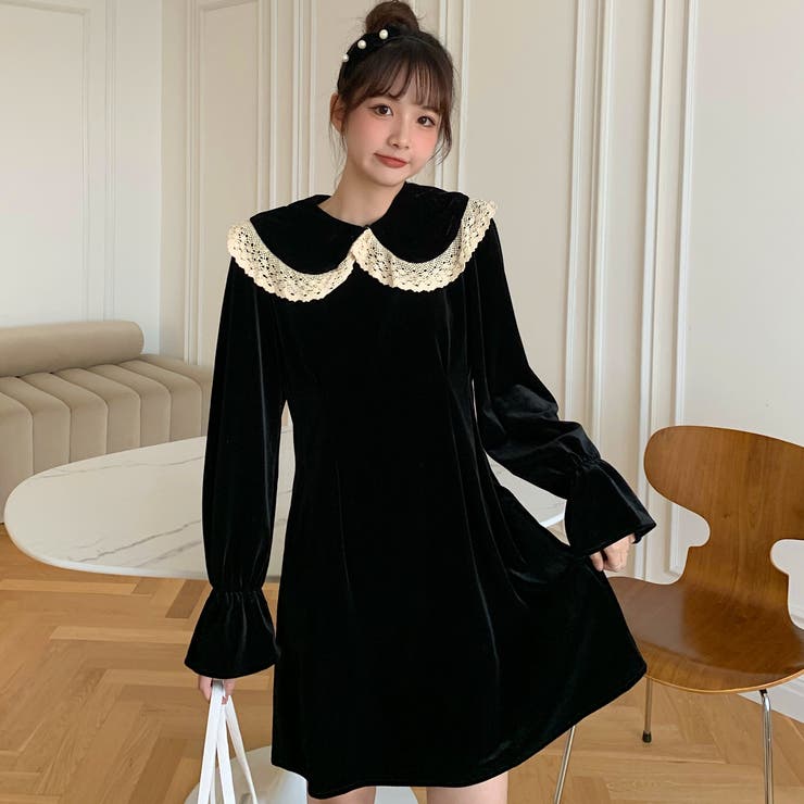 レース使い襟付2wayベロア生地長袖ワンピース 秋冬新作 韓国ファッション 品番 Cp Dearheart ディアハート のレディースファッション通販 Shoplist ショップリスト
