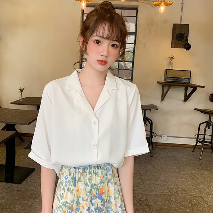 韓国人気 Open YY フリル付きホワイト半袖シャツ ショッピングゴー shoppinggo 夏服 新作 フリルブラウス 半袖 V