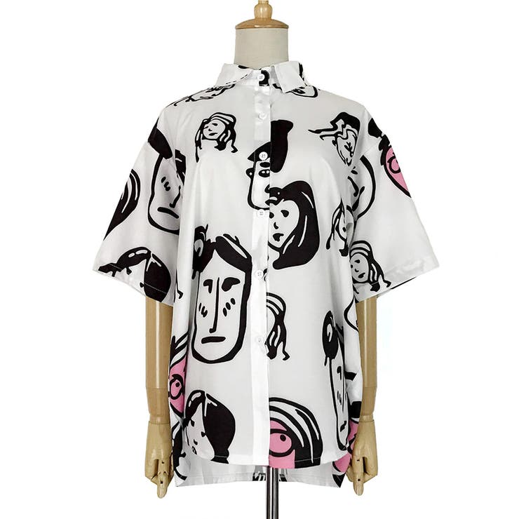 ユニーク総柄顔柄襟付半袖シャツ 春夏新作 韓国ファッション[品番
