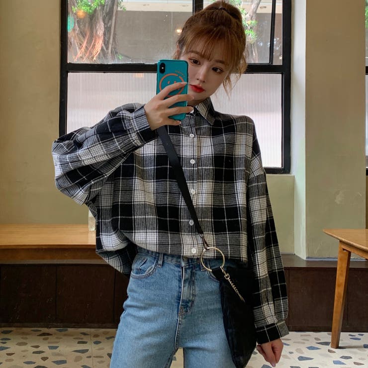 チェック柄襟付長袖シャツ 秋冬新作 韓国ファッション[品番
