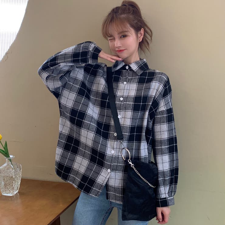 チェック柄襟付長袖シャツ 秋冬新作 韓国ファッション[品番