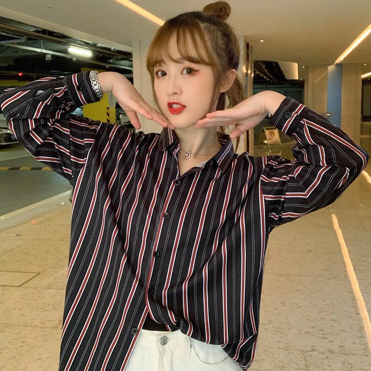ストライプ柄襟付長袖シャツ 秋冬新作 韓国ファッション[品番