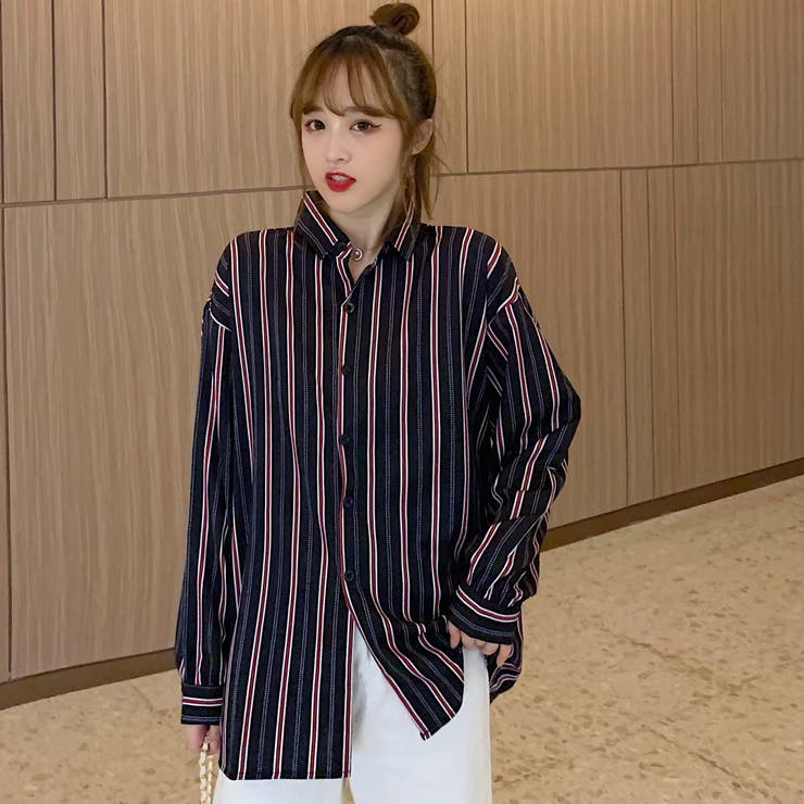 ストライプ柄襟付長袖シャツ 秋冬新作 韓国ファッション[品番