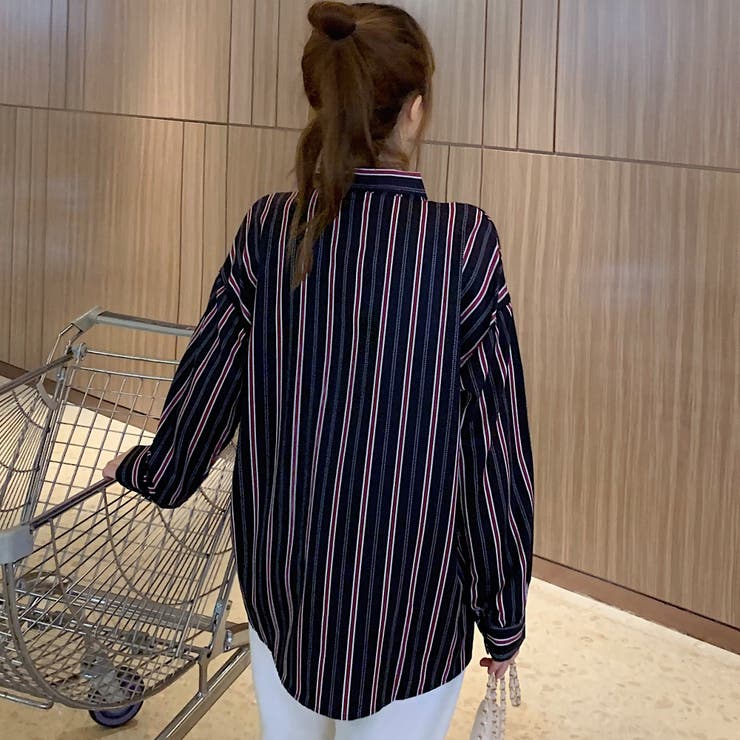 ストライプ柄襟付長袖シャツ 秋冬新作 韓国ファッション[品番