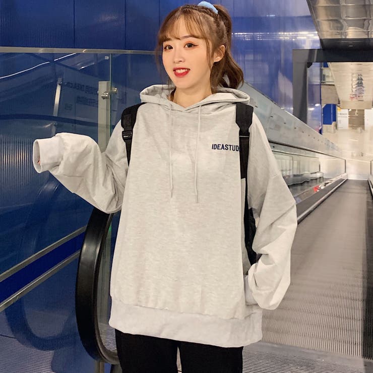 英字プリントフェイクレイヤードフード付薄手長袖パーカー 秋冬 韓国